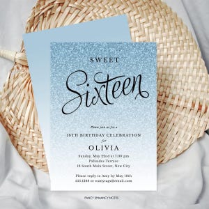 Sweet 16 Birthday Party Invitation, Light Blue Glitter Fancy Script Sixteen, Corjl Editable Template-1434
