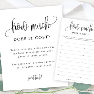 Imprimible ¿Cuánto cuesta el juego de baby shower, guión de caligrafía minimalista neutral de género en blanco y negro, descarga instantánea 916