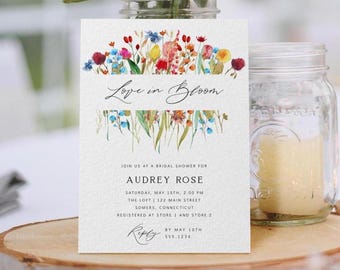 Invitación editable para despedida de soltera "Love in Bloom Wildflower Meadow", flores bohemias, para imprimir o escribir, descarga digital, plantilla editable 182