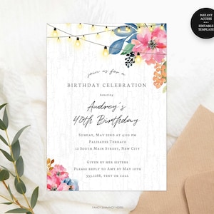 Invito di compleanno modificabile per lei per festa in giardino, lucine con fiori per festa in giardino, stampa/testo, download immediato, modello Corjl-6275