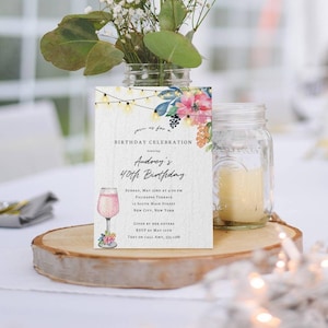 Editable Floral Birthday Party Invitation-Rosé Glass-Backyard Party Flowers String Lights-Print/Text, Instant Download, Corjl Template-6275