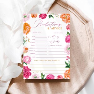 Cartes de pronostics et de conseils pour bébés pivoines roses | Activité de baby shower floral rose vif et orange | Téléchargement numérique instantané 119