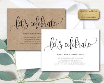 Let's Celebrate Simple Script Calligraphy Invitation-Self-Edit, Any Occasion, Print/Text, Instant Download, Corjl Template-916