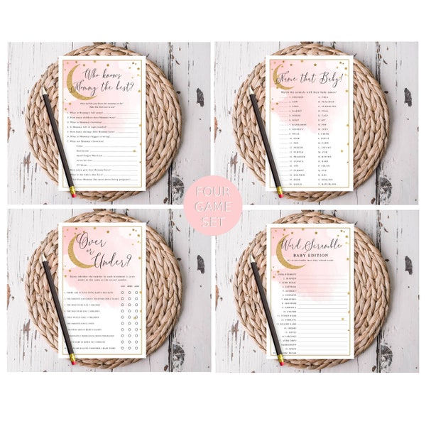 Printable Over the Moon Baby Shower Games Bundle Pink Set, Who Knows Mommy, Word Scramble, Name That Baby, Over-Under, Instant Download-703