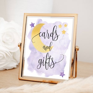 Purple Over the Moon, Cards and Gifts Baby Shower Sign, Purple Moon and Stars Theme, 8x10", Instant Digital Download, Printable File #721