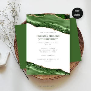 Green Gold Agate Birthday Invitation, Adult Birthday-Edit Yourself-Any Age, Print or Text-Instant Download-Corjl Editable Template-165