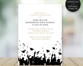 Invitación editable para fiesta de graduación, en dorado, negro o colores personalizados, siluetas, impresión o texto, descarga instantánea, plantilla editable en CORJL
