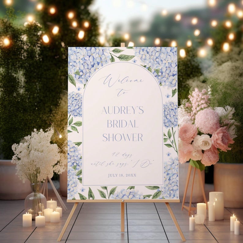 Bridal Shower Welcome Sign, Blue Hydrangea Arch, Corjl Editable Template 428 image 3
