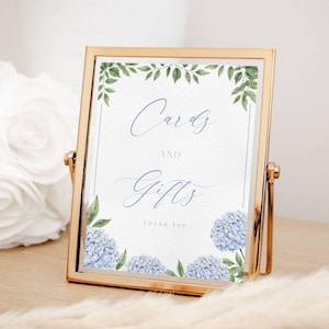 Blue Hydrangea Cards and Gifts Fancy Script Shower Party Signs, Dusty Blue Hydrangea Blooms Instant Download, Printable File 428