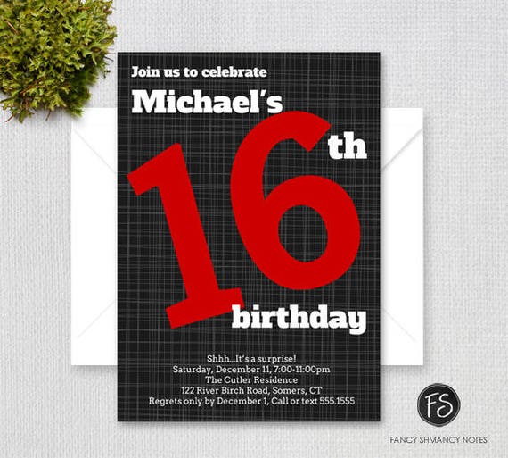 Printable Teen Boy 16th Birthday Invitation Bold Number Black | Etsy