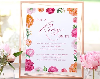 Pink Peony Put a Ring On It Bridal Shower Game Sign | Bright Pink and Orange Flowers | 8x10" | Instant Digital Download, Printable File 119