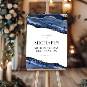 Blue and Gold Agate Editable Welcome Sign, ANY EVENT Wedding Birthday Mitzvah, 3 Sizes, Self-Edit Text, Instant Download, Corjl Template-137
