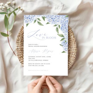 Love in Bloom Blue Hydrangea Bridal Shower Invitation, Blue Floral Design, Edit Text Online, Digital Download, Editable Template 428