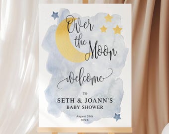 Baby Shower Welcome Sign, We're Over the Moon, Corjl Editable Template 721