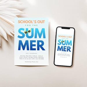 End of School Year Party Invitation, School’s Out for Summer, Blue Cool Shades Sunglasses Design, Editable Template for Text or Print, 069