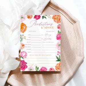 Cartes de pronostics et de conseils pour bébés pivoines roses | Activité de baby shower floral rose vif et orange | Téléchargement numérique instantané 119