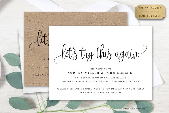 Let's Try This Again, Change of Date Editable Template, Script Calligraphy, Print/Text Digital Invitation, Instant Download, jpeg/pdf, #916 Il_570xn
