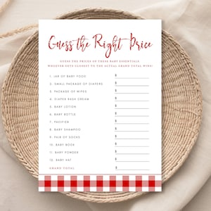 Rood geruite babyshower gamekaart, raad de juiste prijs, rode ruit gingang doucheactiviteit, instant digitale download, thuis afdrukken 6200