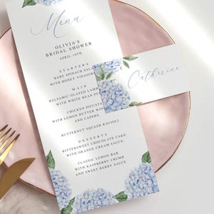 Blue Hydrangea Editable Name Card and Customized Menu Template, DIY Place Settings, Digital Download, Editable Template 428