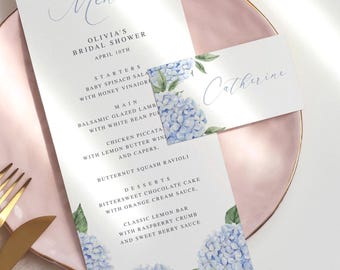 Tarjeta de presentación editable con hortensias azules y plantilla de menú personalizada, configuración de mesa DIY, descarga digital, plantilla editable 428