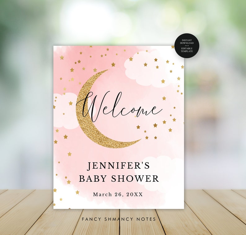 Pink and Gold Glitter Moon and Stars Baby Shower Etsy
