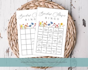 Juego de bingo imprimible para despedida de soltera, 50 tarjetas únicas, "Prado de flores silvestres", tarjetas en blanco y tarjetas de presentación adicionales, descarga instantánea n.° 182
