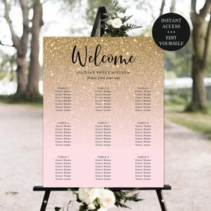 Gold Glitter Fade Editable Pink Seating Chart Sign, Multiple Sizes Edit Color Add Remove Tables, Instant Download, Corjl Template 095