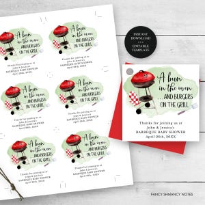 Barbeque Grill Editable Party Favor Tags or Stickers 3 Sizes Circle or Square, Self-Edit Text Instant Download CORJL Template #144