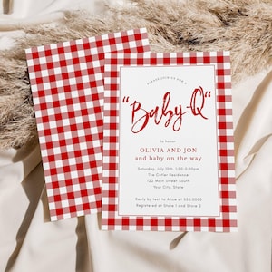 Baby Q Baby Shower Barbeque Editable Invitation, Edit Text and Colors, Red Gingham Check, Print or Text CORJL Editable Template-6200