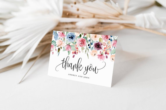 Editable Watercolor Floral Border Thank You Folded Note Card, Calligraphy Script, A2 Printable Editable Template, Instant Download #159 Il_570xn