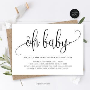 Oh Baby, semplice invito modificabile per baby shower, qualsiasi combinazione di colori, calligrafia, download immediato, stampa o testo, modello CORJL 916