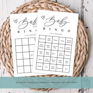 Baby Bingo Spiel Karten Baby Shower Spiel Moderne Schrift, 50 vorausgefüllte Karten, Blanko Karten, Visitenkarten Printable PDF Instant Download 177