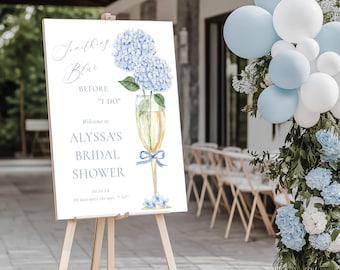 Bridal Shower Welcome Sign, Something Blue-Champagne Glass & Hydrangea, Corjl Editable Template #428