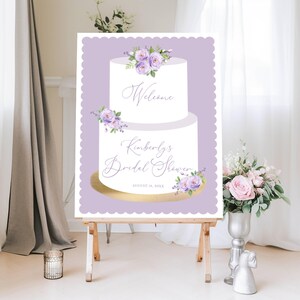 Lavender Bridal Shower Cake Welcome Sign Purple Flowers Wedding Layer Cake, 3 sizes, Self-Edit Text, Instant Download, Corjl Template 191