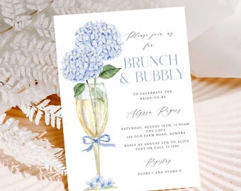 Elegant Blue Hydrangea Bridal Shower Invitation, Brunch | Gold Champagne Glass Design | Editable Template #428