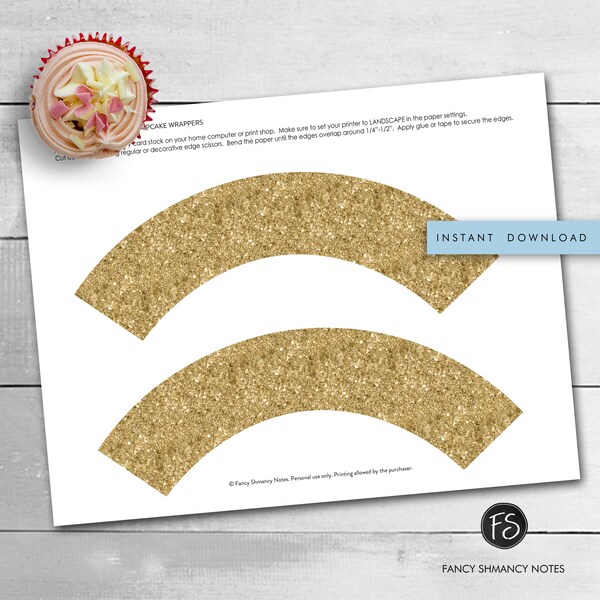 Gold Glitter Cupcake Wrappers Sparkle Glitter DIY Printable Cupcake Wraps Digital Download Printable PDF Instant Download 1436