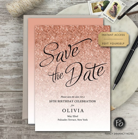 Save the Date Rose Gold Glitter Fancy Script Editable Invitation Template, Print or Text, Instant Digital Download, #1435 Il_570xn