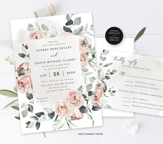 Dusty Rose Editable Wedding Invitation and Reply Template | Etsy
