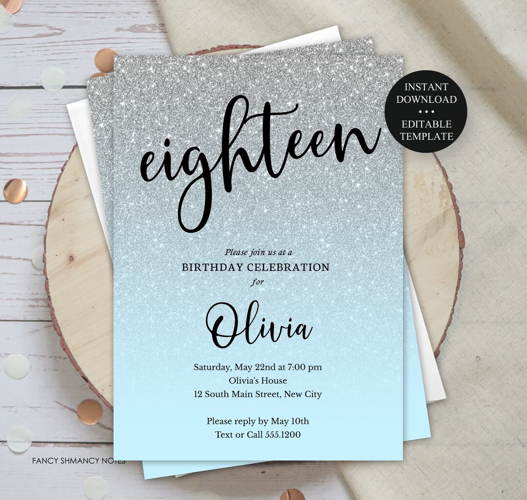 Silver Glitter Fade Light Blue-any Color Birthday Invitation - Etsy