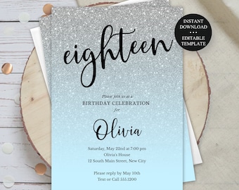 Silver Glitter Fade Light Blue-Any Color Birthday Invitation Template-Any Age Editable Text, Print/Text, Instant Digital Download, #096