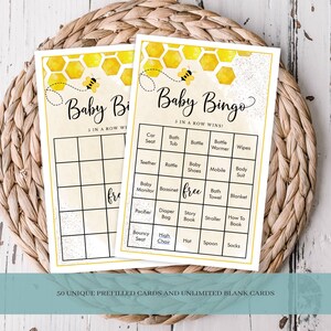 Baby Bingo Spielkarten Honey Bee Baby Shower Spiel, 50 vorausgefüllte Karten, Blanko Karten, Calling Cards Druckbare PDF Sofortiger digitaler Download 033