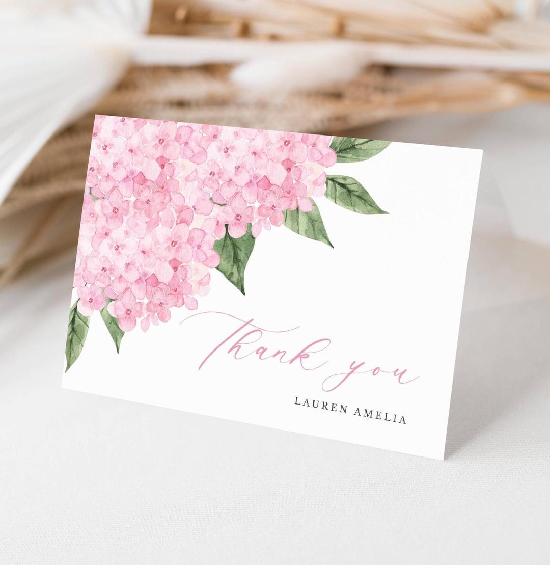 Editable Pink Hydrangea Blooms Thank You Folded Note Card Template ...
