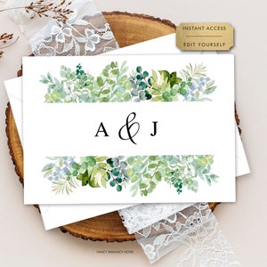 Carte de correspondance pliée Merci aquarelle, verdure et feuillage, auto-édition, modèle CORJL téléchargement immédiat #854