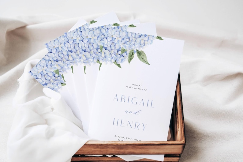 Wedding Program, Blue Hydrangea Blooms Folded Program, CORJL Editable Template #428 image 5