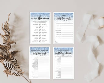 Birthday Party Games for Her, Blue Glitter Confetti, Bundle Set of 4 Printable Games, Instant Download #134