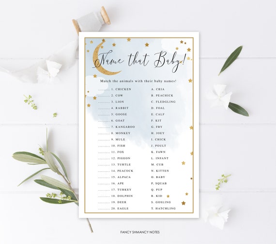 Printable Over the Moon Baby Shower Game Card, Baby Animal Names Matching Game, Blue Watercolor Gold Glitter Moon, Instant Download 703 Il_570xn