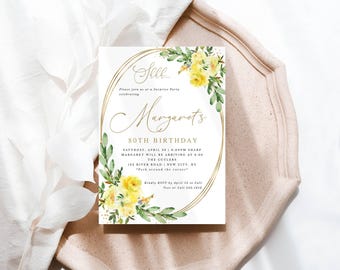 Invitación editable para fiesta sorpresa para ella, rosas amarillas con detalles dorados, para cualquier edad o evento, descarga instantánea, impresión o texto, plantilla Corjl 186