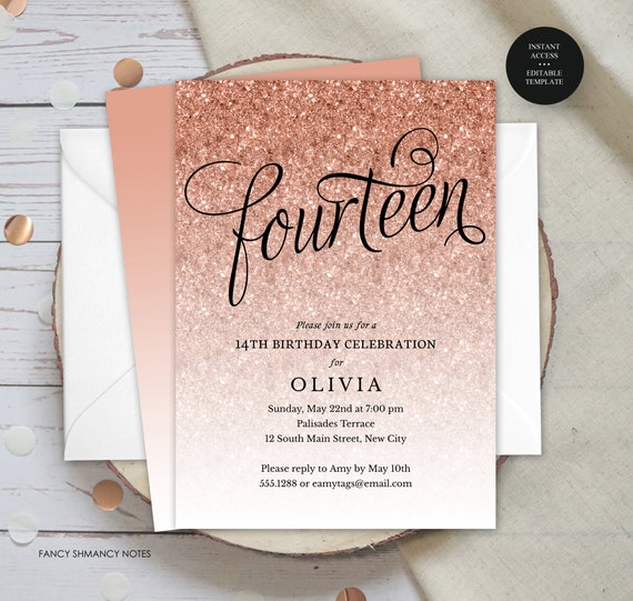 14 "Fourteen" Rose Gold Glitter Fancy Script Editable Birthday Party