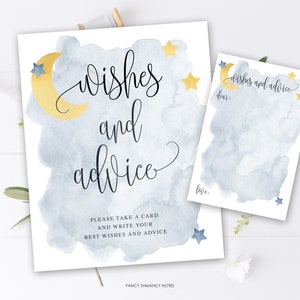 Tarjetas y letreros en blanco con deseos y consejos para baby shower "Blue Over the Moon", temática de luna azul y estrellas, descarga instantánea, archivo imprimible n.° 721