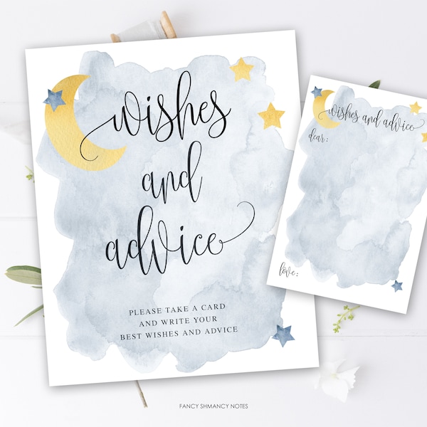 Over the Moon, Moon and Stars Baby Shower Wishes and Advice Blank Cards and Sign  Printable Files, Instant Download #721